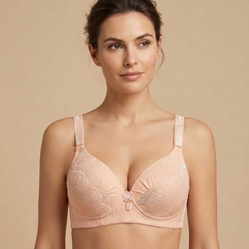 Elegant Floral Lace Full-Coverage Cotton   Comfort Bra - Peach/Apricot