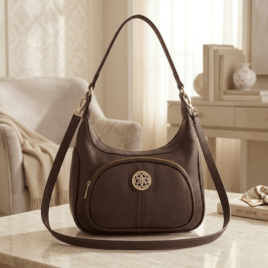 Crescent Hobo Ladies Handbag Circular Filigree Emblem ZTS-CR-165